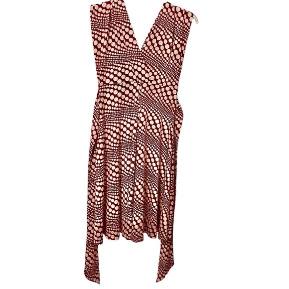 ROULETTE ELASTIC WAIST MIDI DRESS, WOMENS M, CRANBERRY & WHITE POLKA DOTS - Picture 6 of 12